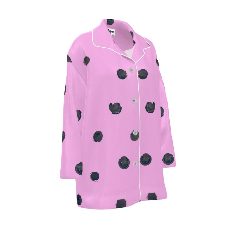 Jené Sais Quoi Pink & Black Painted Polka dots Silk Pajama Shirt