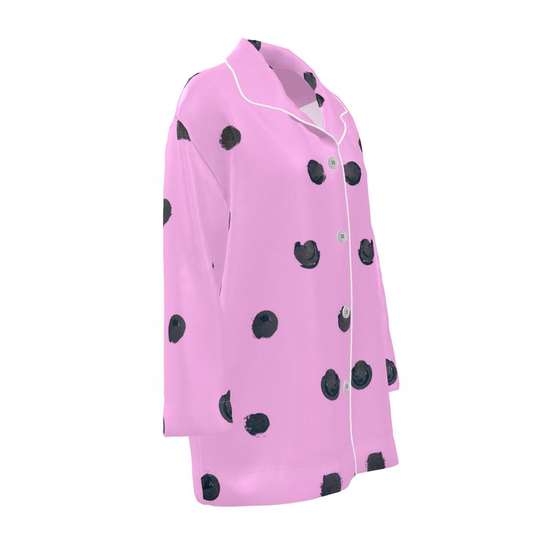 Jené Sais Quoi Pink & Black Painted Polka dots Silk Pajama Shirt