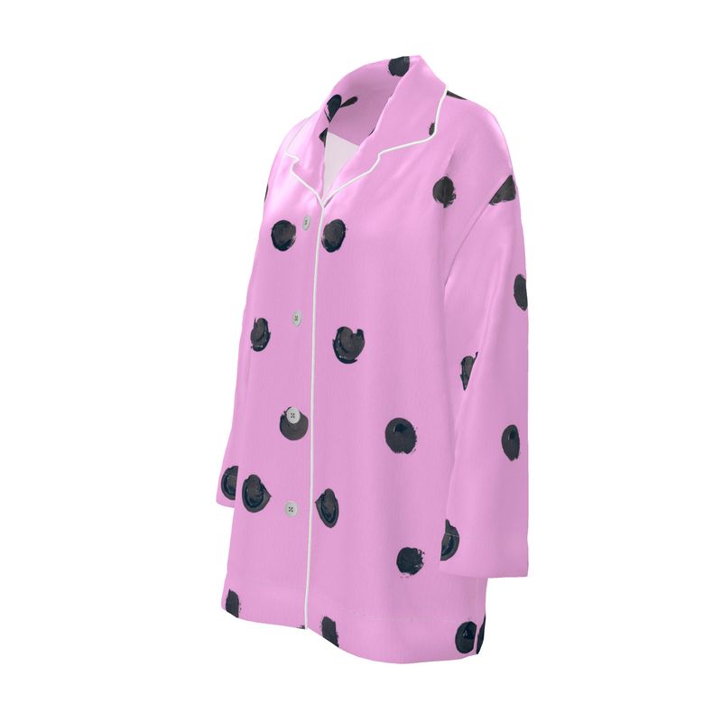 Jené Sais Quoi Pink & Black Painted Polka dots Silk Pajama Shirt