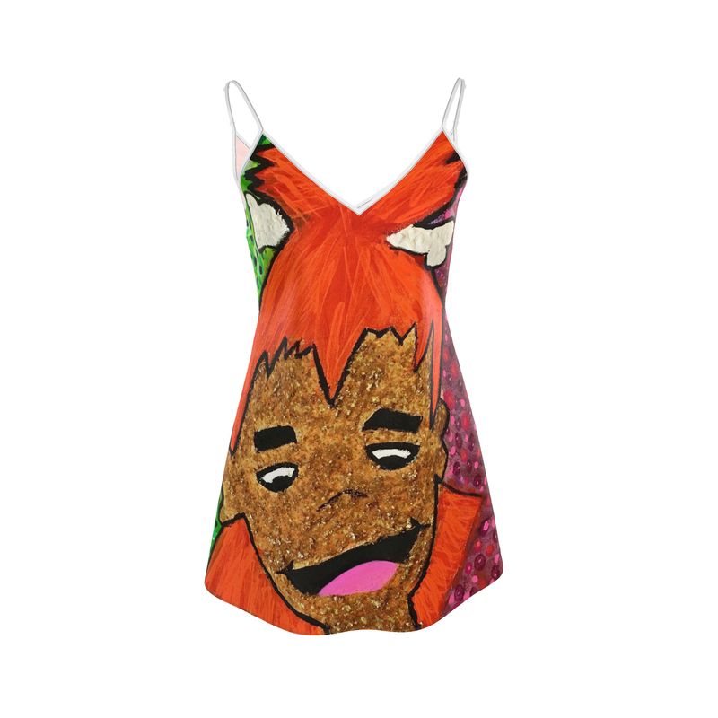 Limited Edition Cartoon Printi Bam Bam Jam Silk Mini Dress