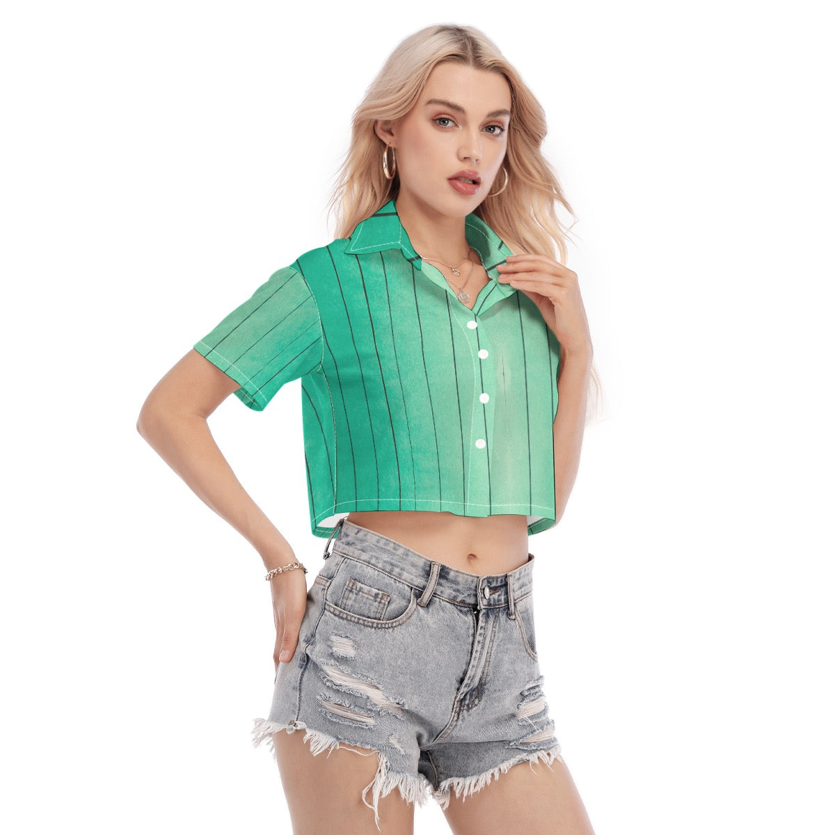Limited Edition JSQ Vintage Cartoon Ombré Crop Top | Green Striped Women's Shirt