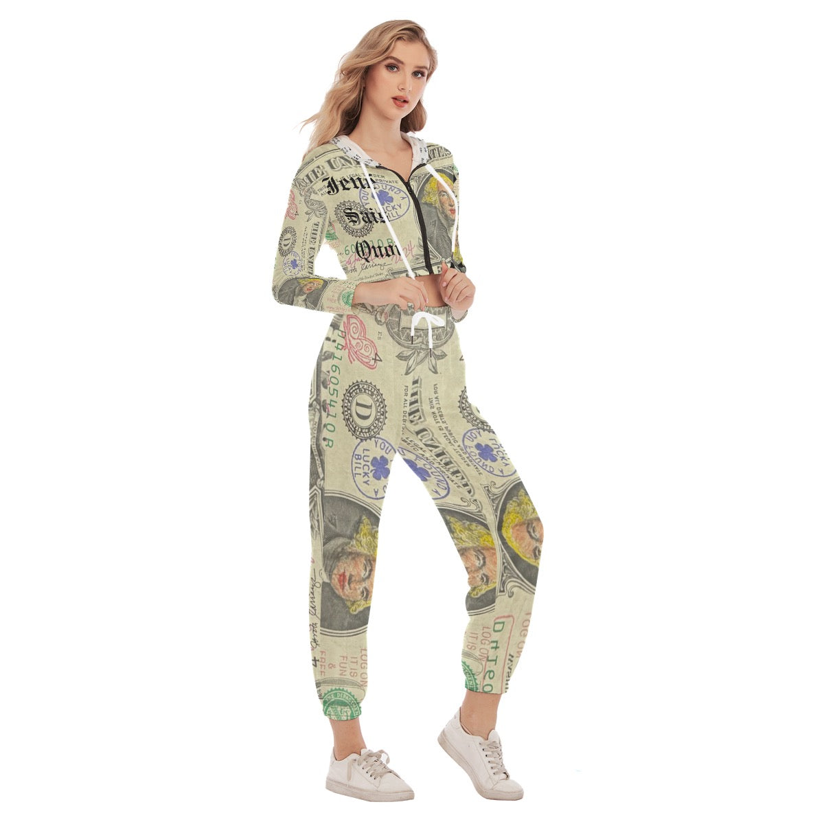 J$Q Money Print Crop Hoodie Sports Set