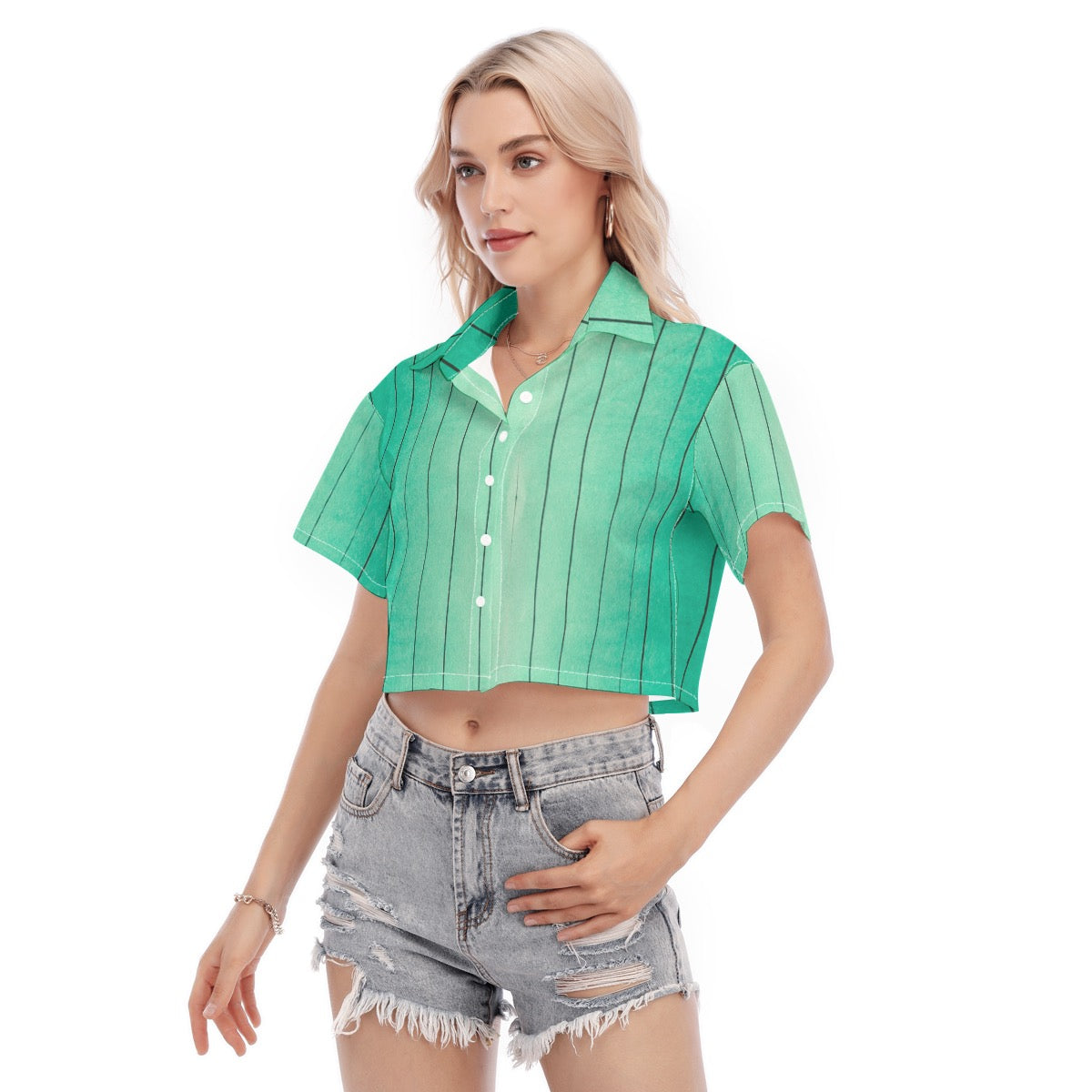 Limited Edition JSQ Vintage Cartoon Ombré Crop Top | Green Striped Women's Shirt