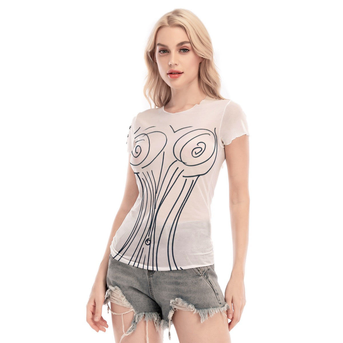 JSQ Body Print Women's Short Sleeve Mesh Blouse