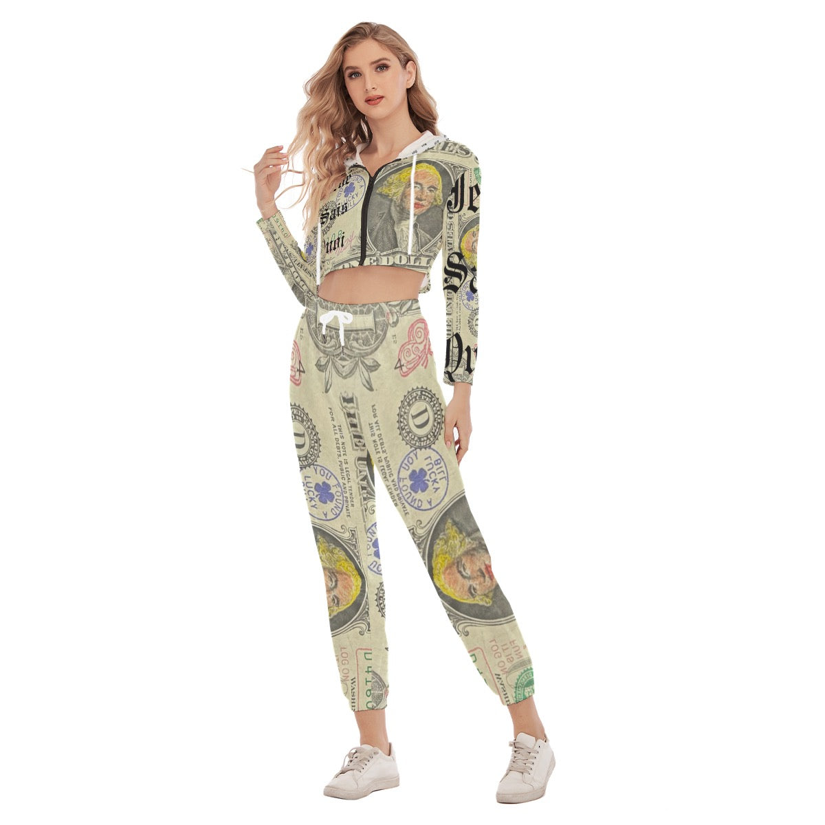 J$Q Money Print Crop Hoodie Sports Set