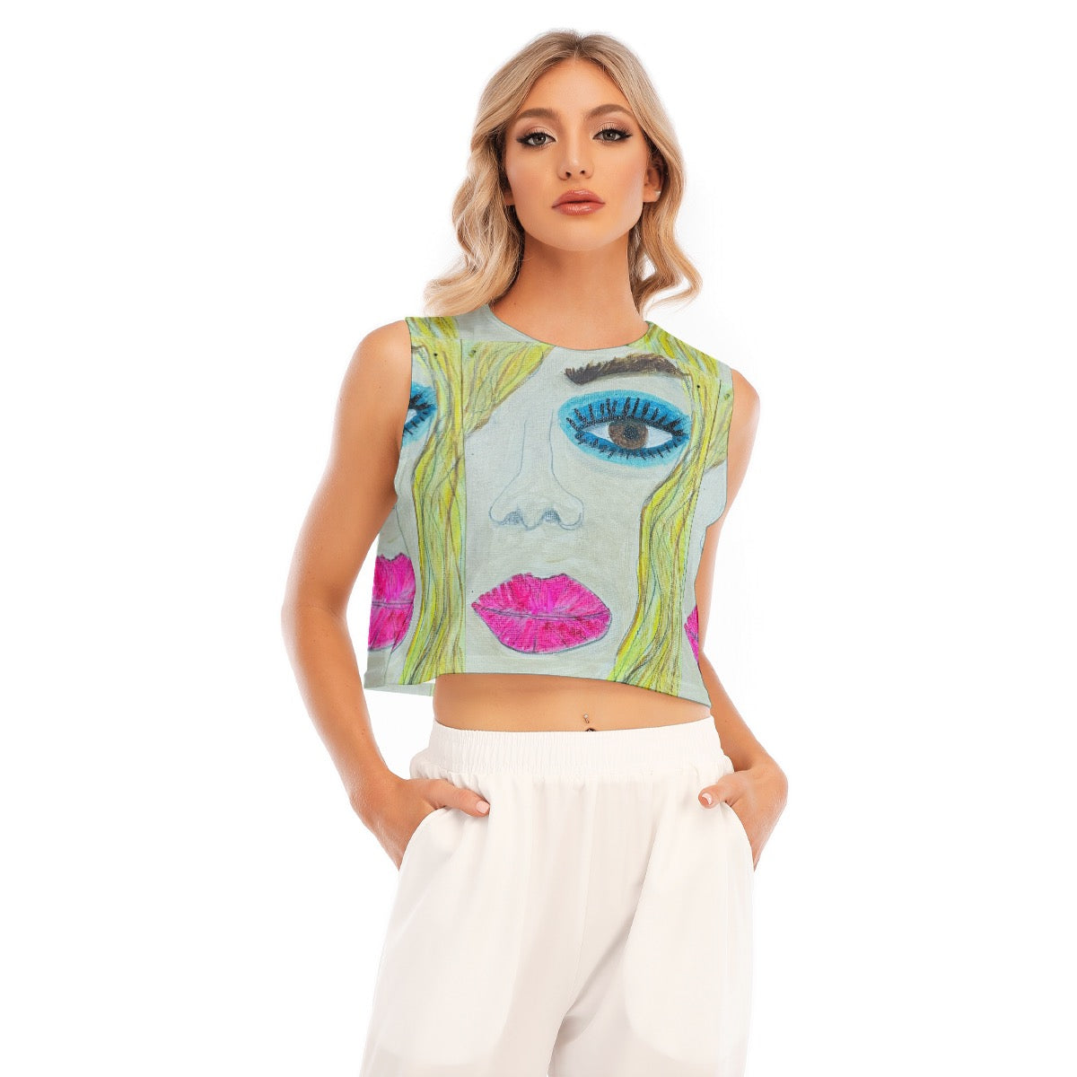 JSQ Blonde Blue Shadow Print Cropped Tank Top