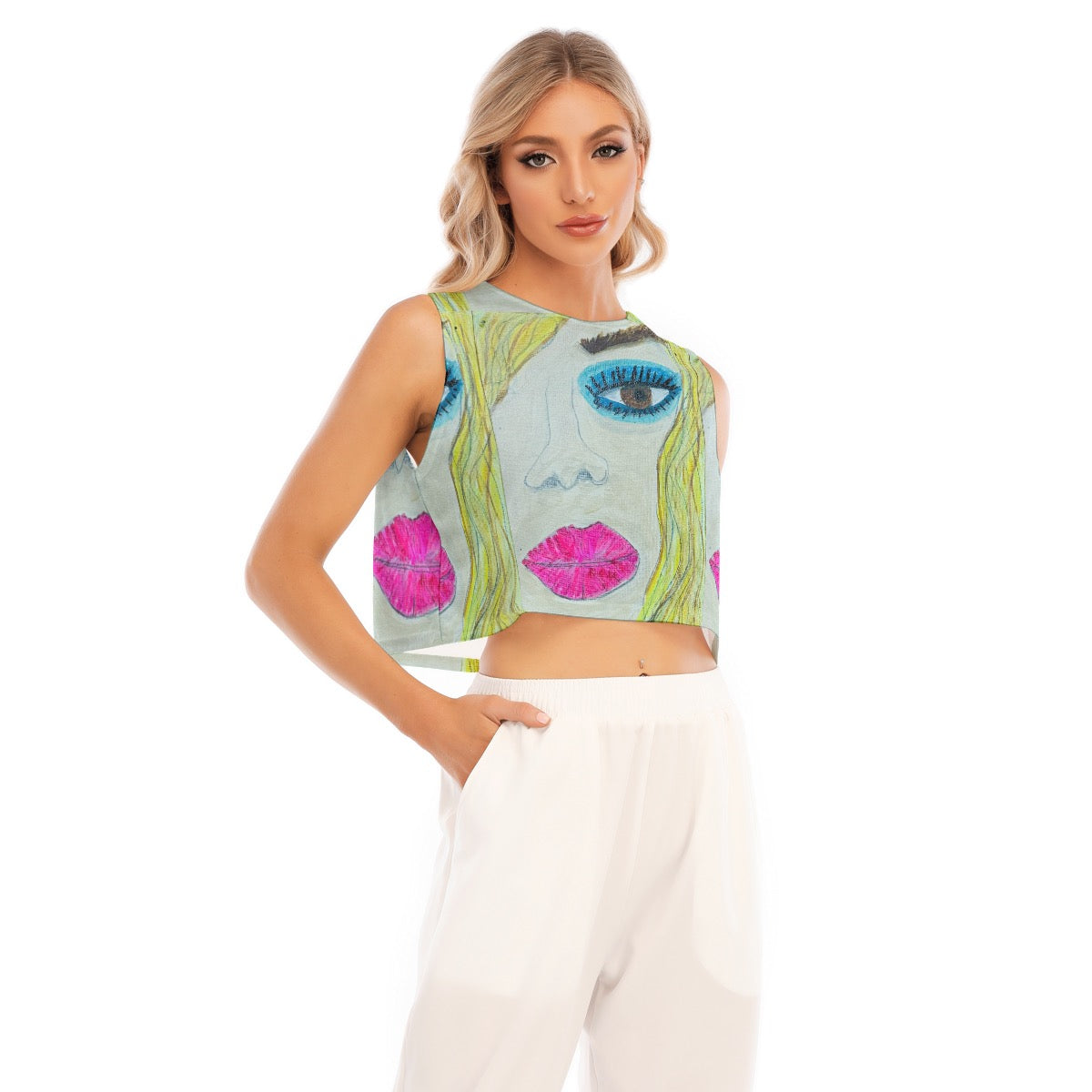 JSQ Blonde Blue Shadow Print Cropped Tank Top