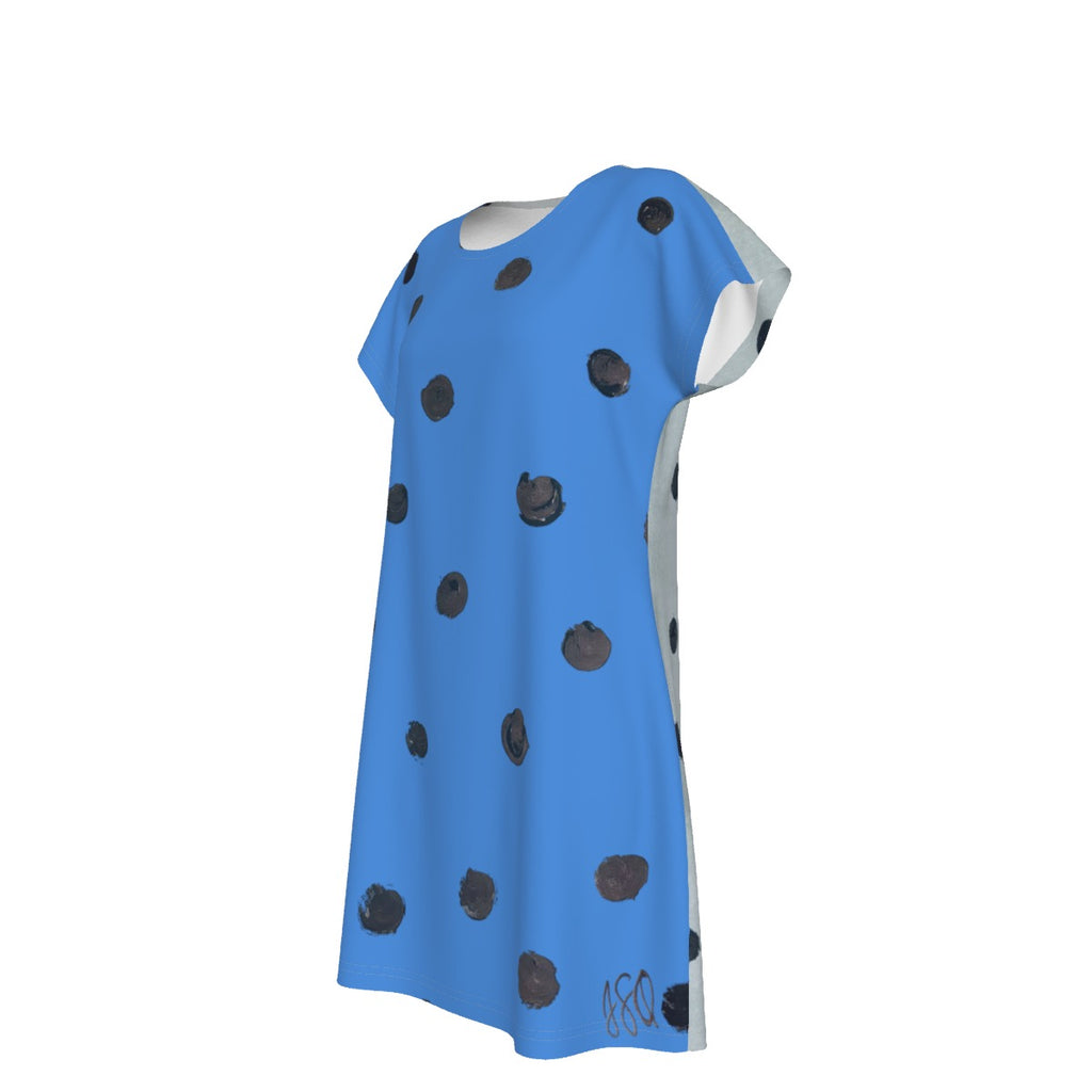 JSQ Vintage Faded Blue Polka Dot Women's Short Sleeve Dress