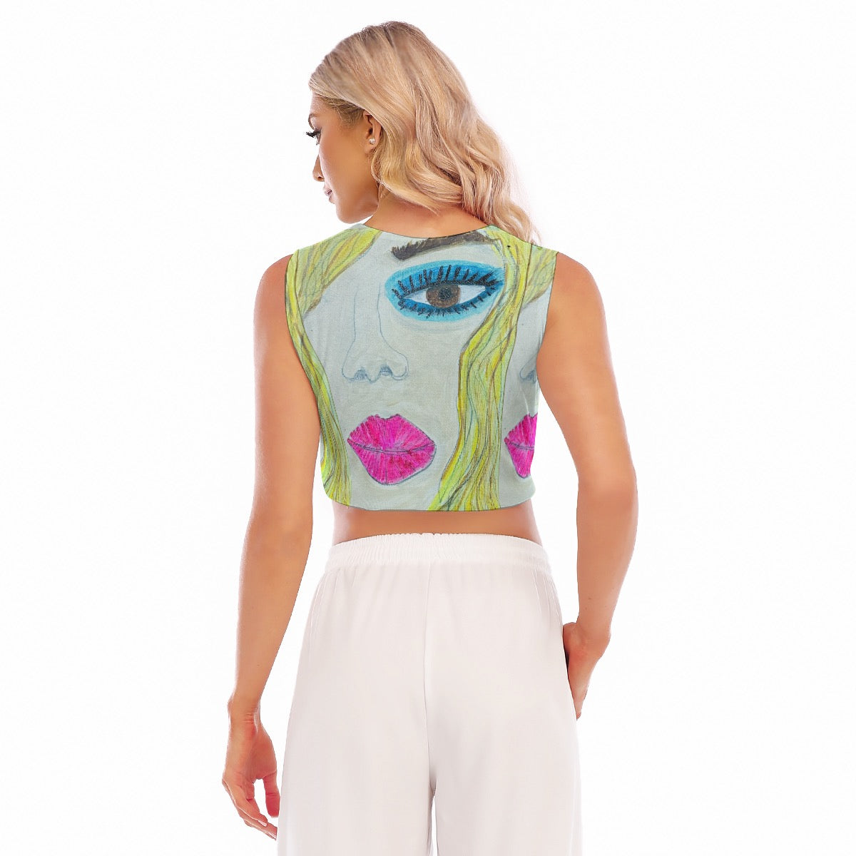 JSQ Blonde Blue Shadow Print Cropped Tank Top