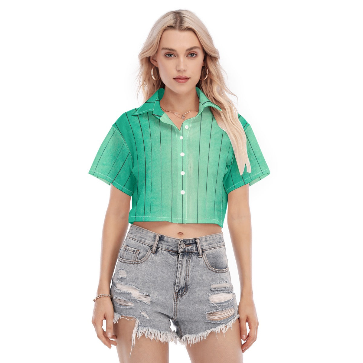 Limited Edition JSQ Vintage Cartoon Ombré Crop Top | Green Striped Women's Shirt