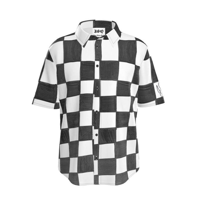 JSQ Checkerboard Print Short Sleeve Silk Shirt