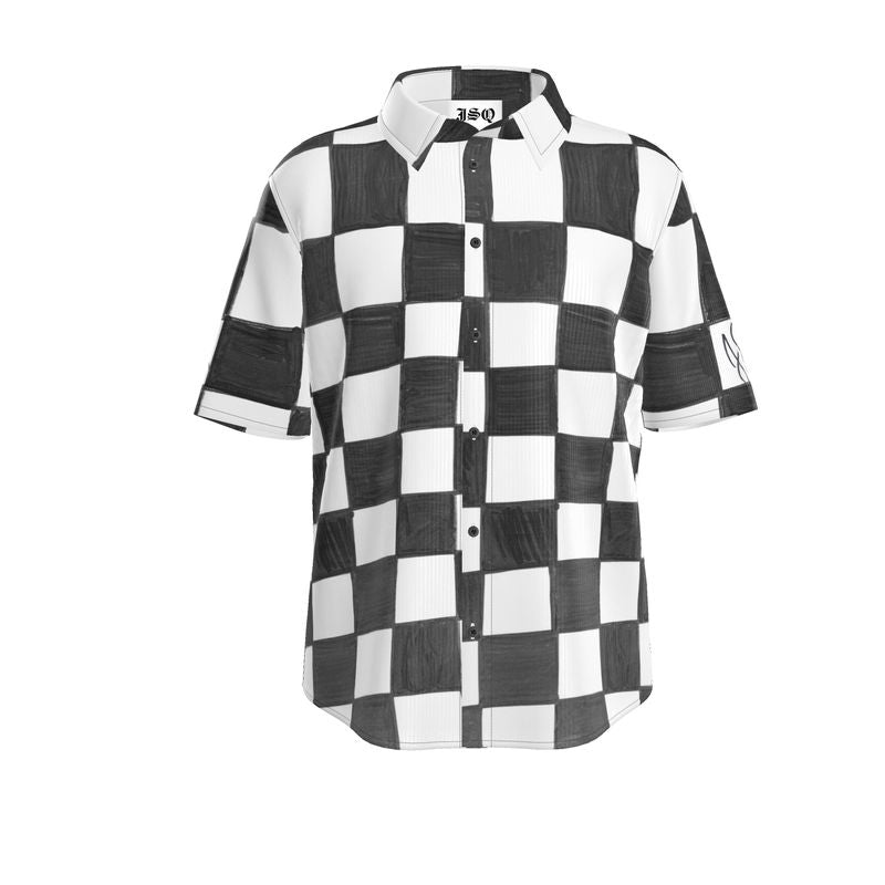 JSQ Checkerboard Print Short Sleeve Silk Shirt
