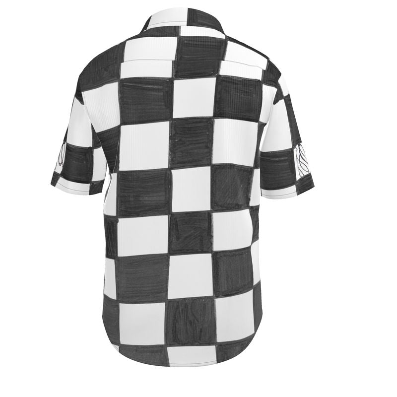JSQ Checkerboard Print Short Sleeve Silk Shirt