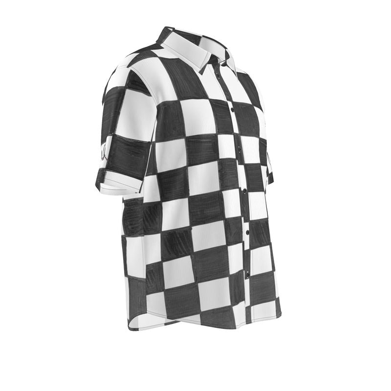 JSQ Checkerboard Print Short Sleeve Silk Shirt