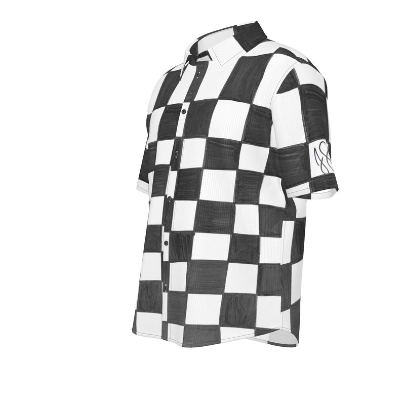 JSQ Checkerboard Print Short Sleeve Silk Shirt