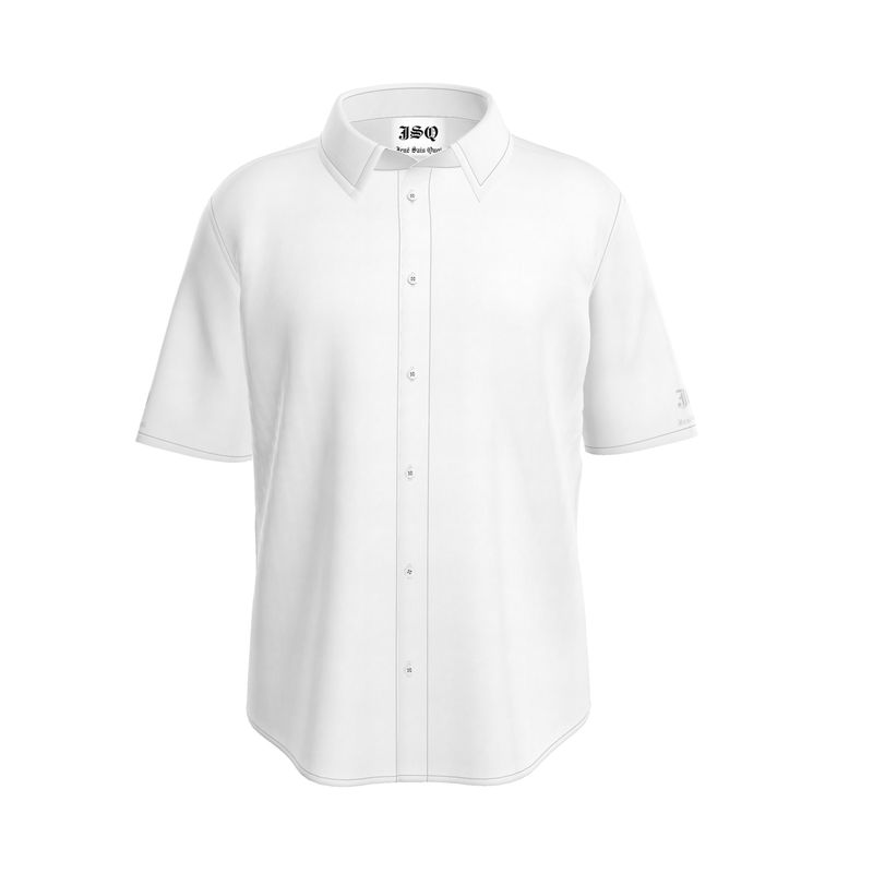 JSQ Solid White Silk Short Sleeve Shirt with Logo Sleeves