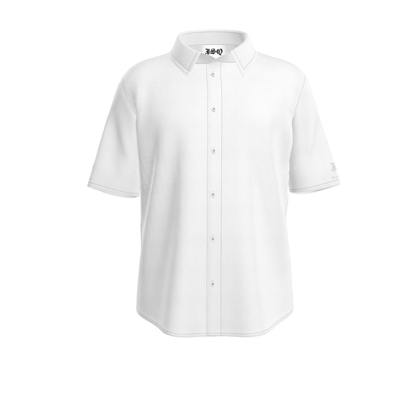 JSQ Solid White Silk Short Sleeve Shirt with Logo Sleeves