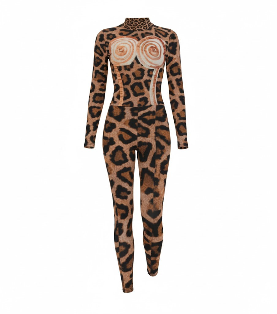 JSQ Designer Leopard Print Women's Long-High-neck Jumpsuit With Zipper