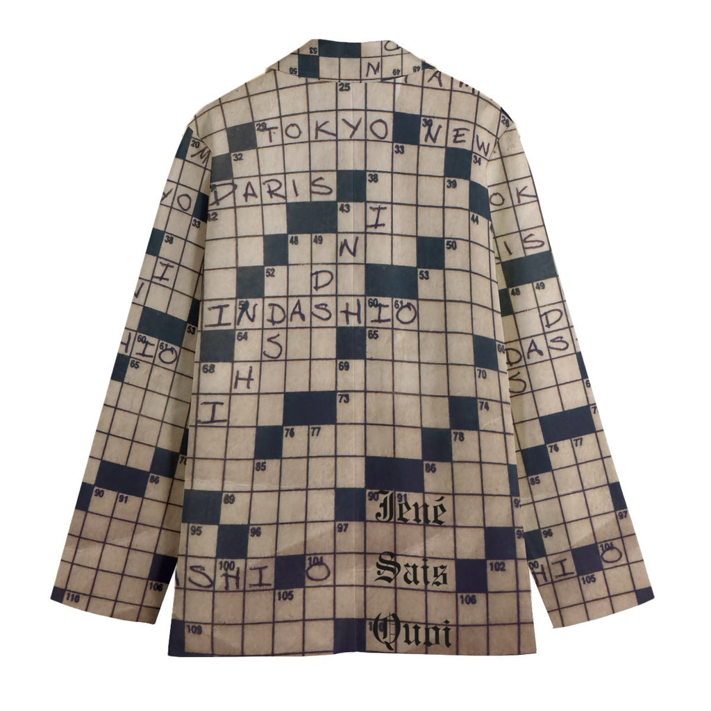 Long-sleeve shirt with crossword puzzle pattern on a white background