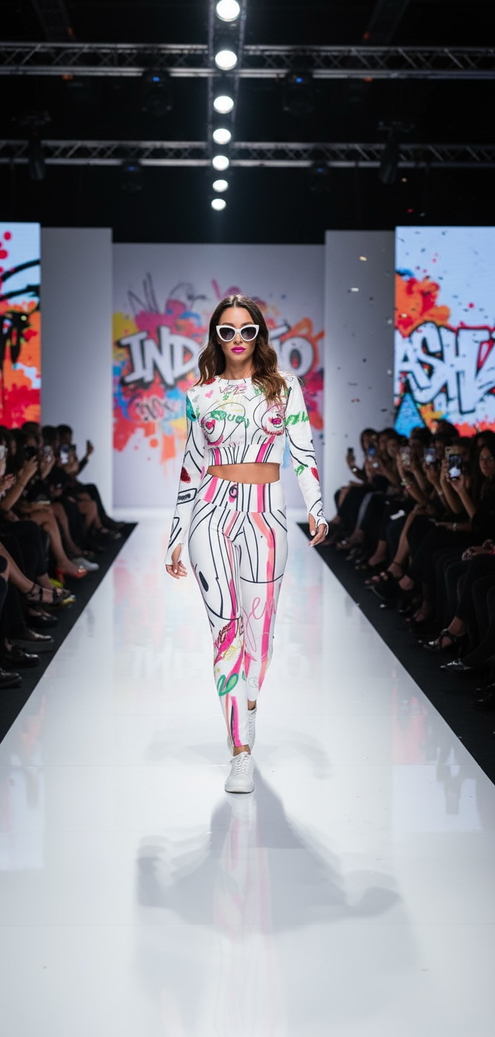 Model walking on a fashion show runway wearing a colorful outfit. fitness wear active wear sports bra 