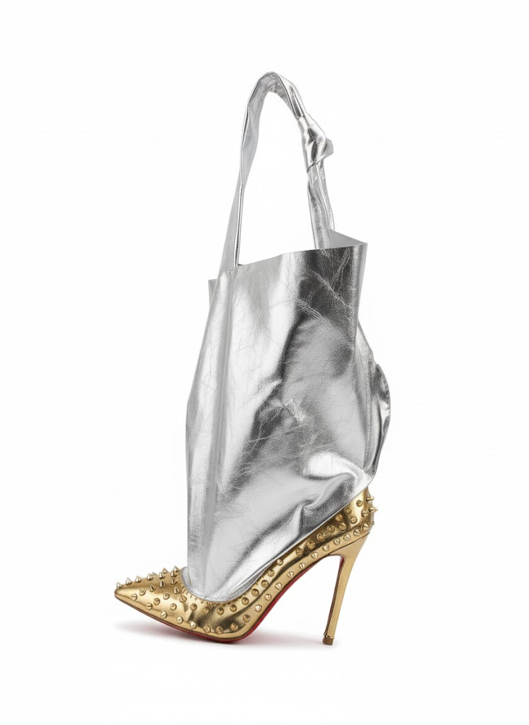 JSQ x INDASHIO Runway Edition 1/1 Platinum & Gold Studded Red Bottom Shoe Purse