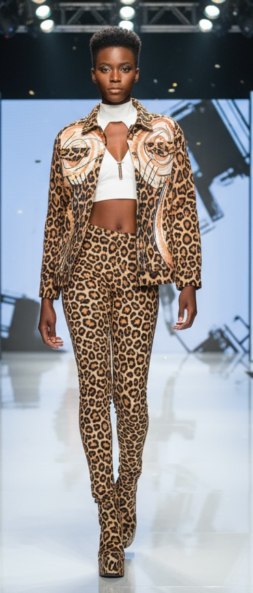 Model walking on a runway wearing a leopard print outfit with gold embellishments.