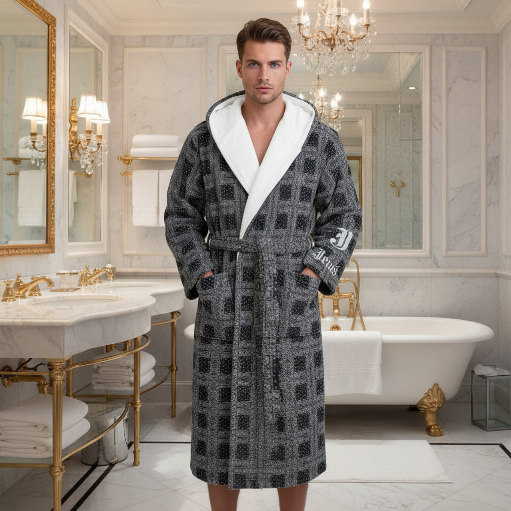 Unisex black bandana print hooded Bathrobe sleepwear 