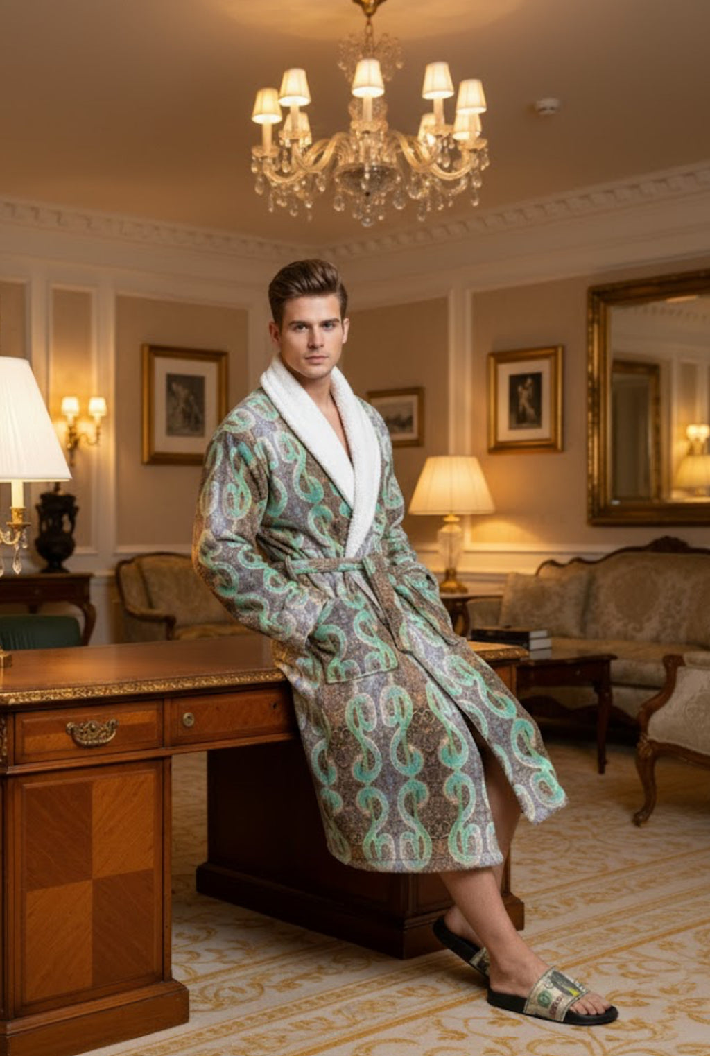 money print robe and slippers jsq 