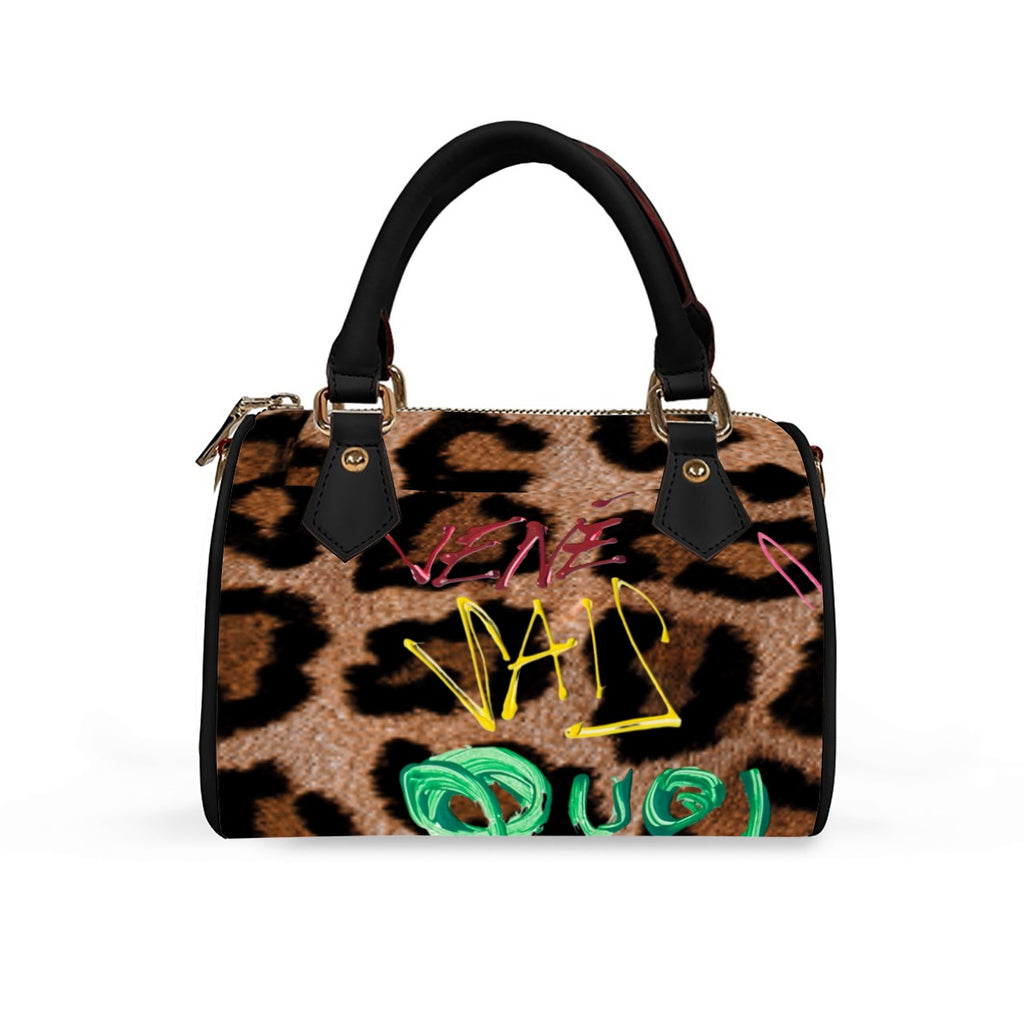Leopard print handbag with colorful text on a white background
