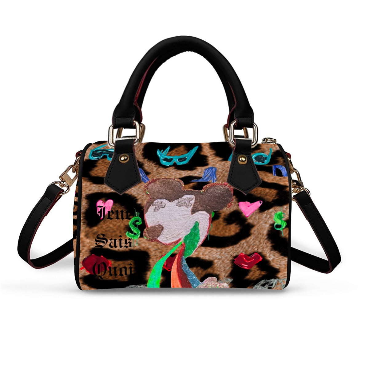 Leopard print handbag with colorful design on a white background