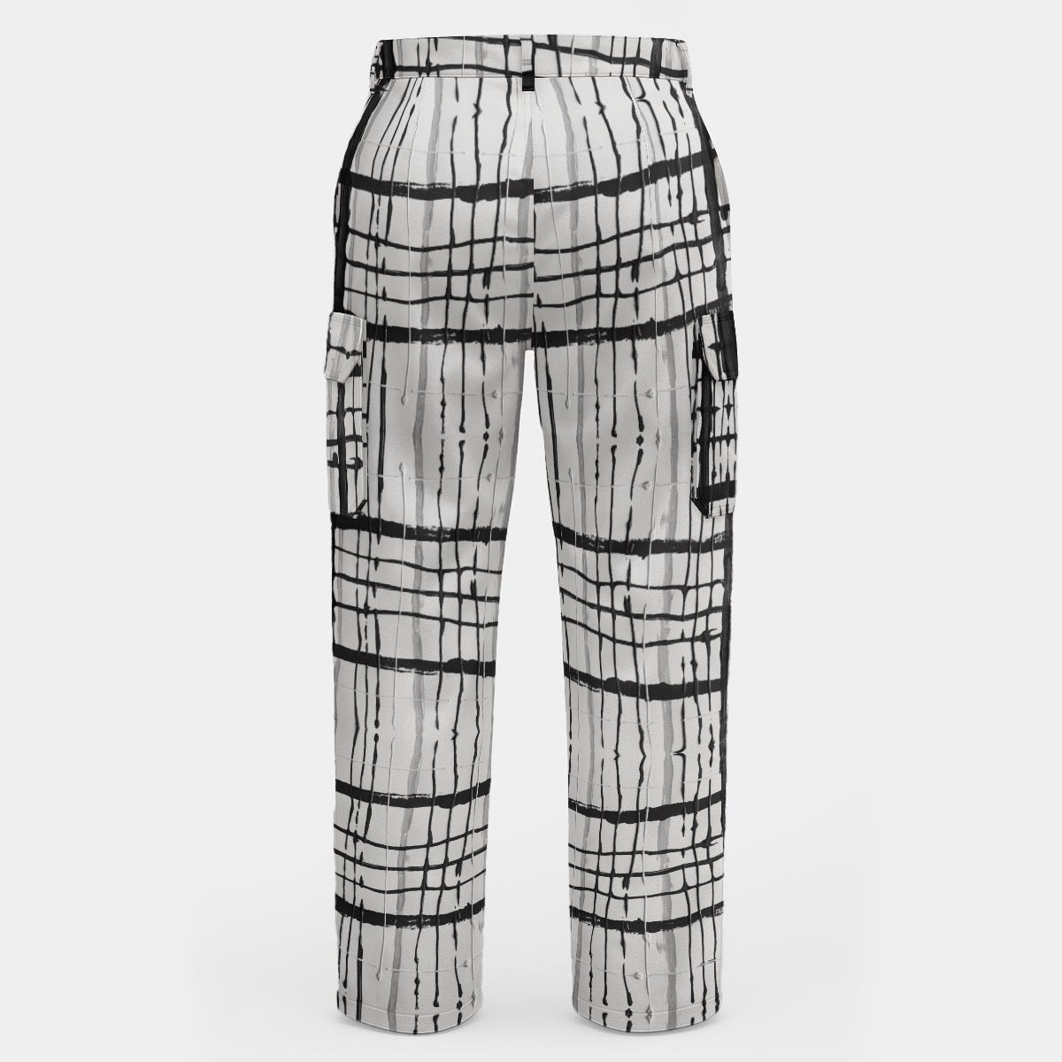 Black and white patterned pants on a light gray background