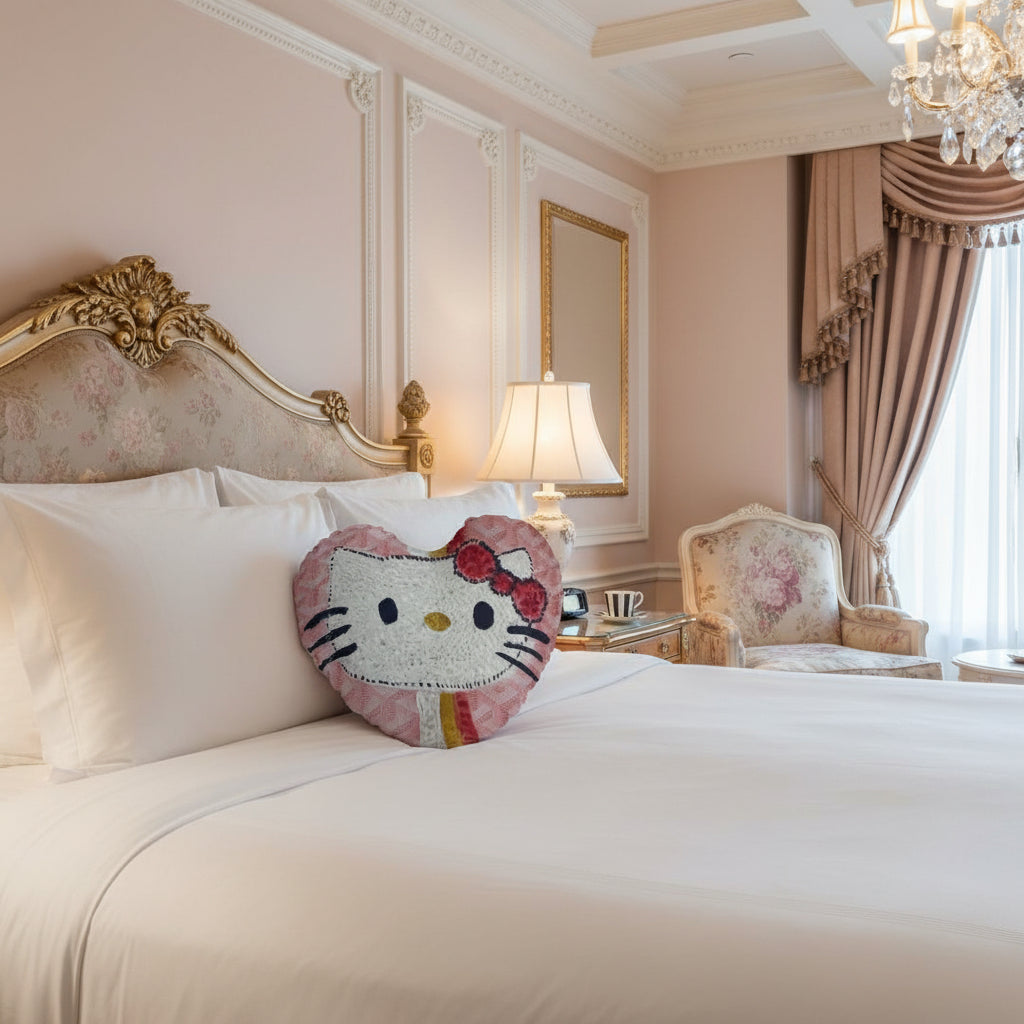 Heart-shaped pillow with a Hello Kitty face design on a white surface.