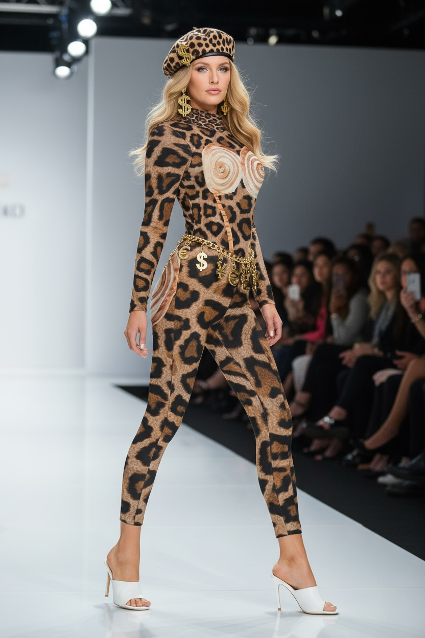 Model wearing a leopard print outfit with a top and pants on a runway, audience in the background.
