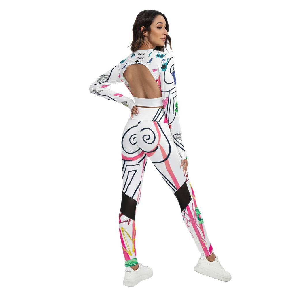 Woman wearing a colorful, patterned outfit on a white background