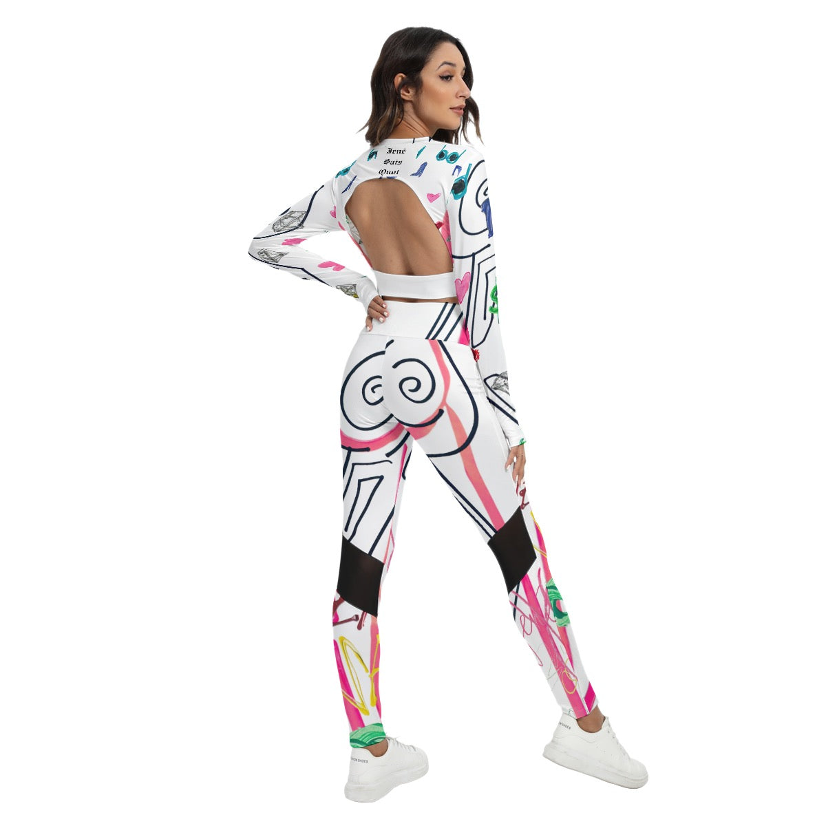 Woman wearing a colorful, patterned outfit on a white background