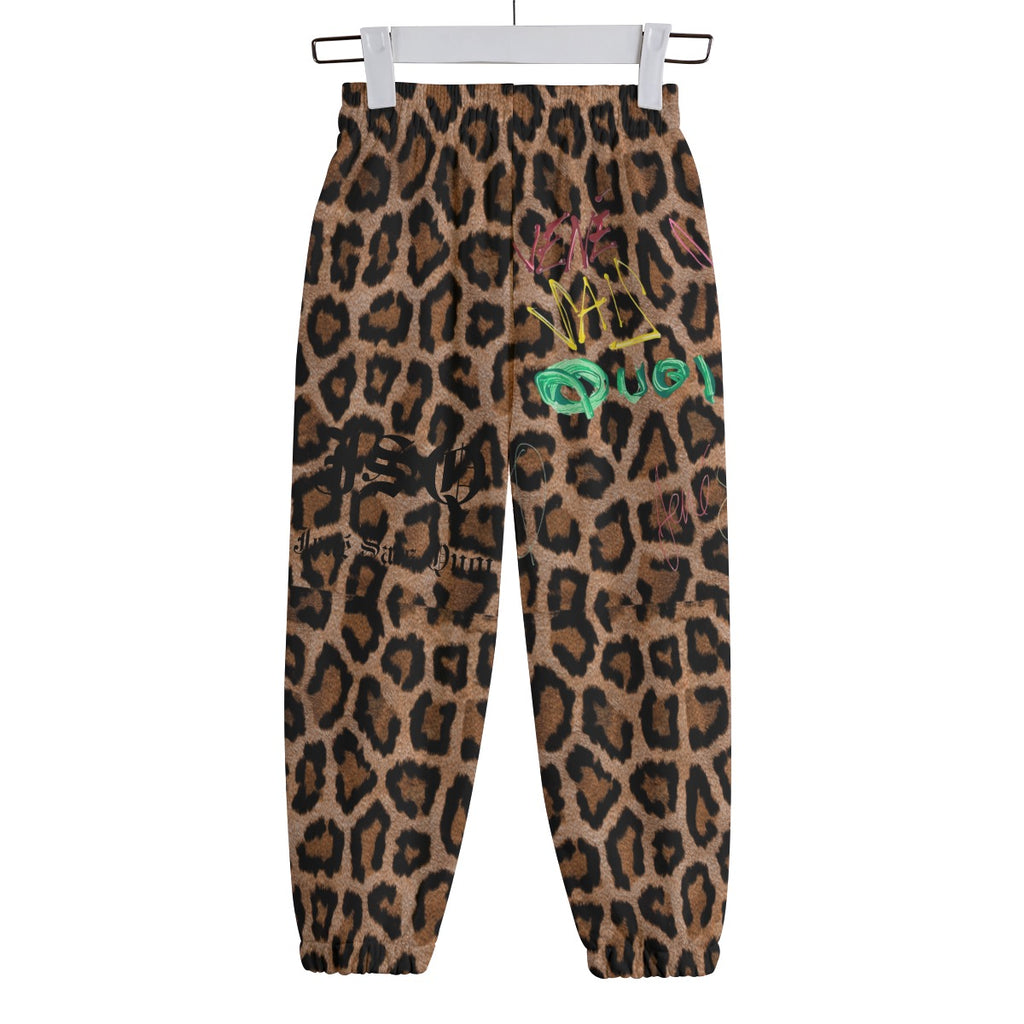 Leopard print pants with colorful embroidery on a white background kids wear 