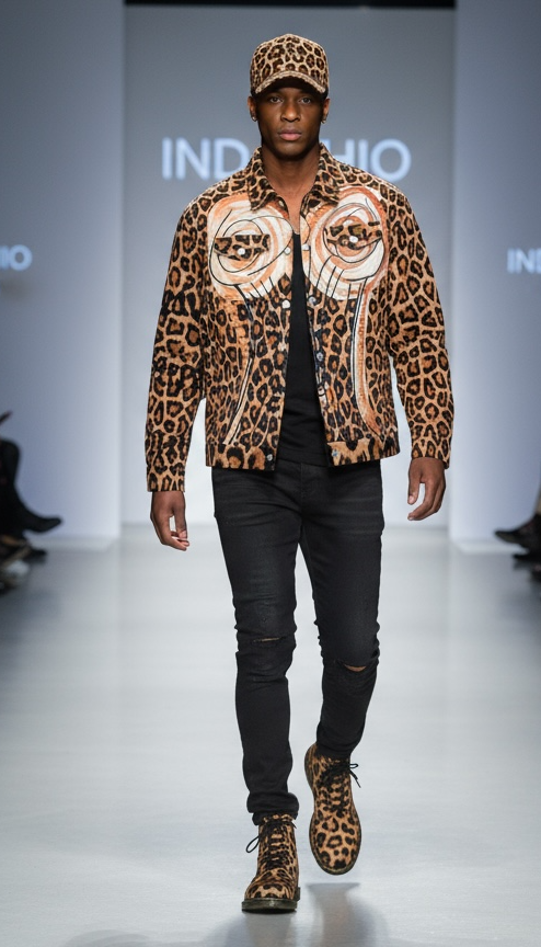 Model walking on a fashion runway wearing a leopard print jacket and shoes.
