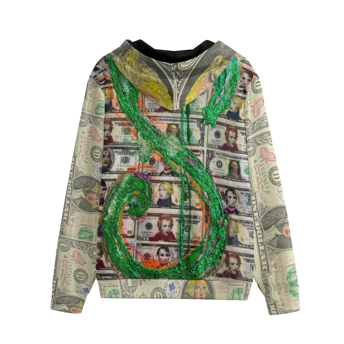 Sweatshirt with dollar bill pattern and green graffiti design trendy streetwear 