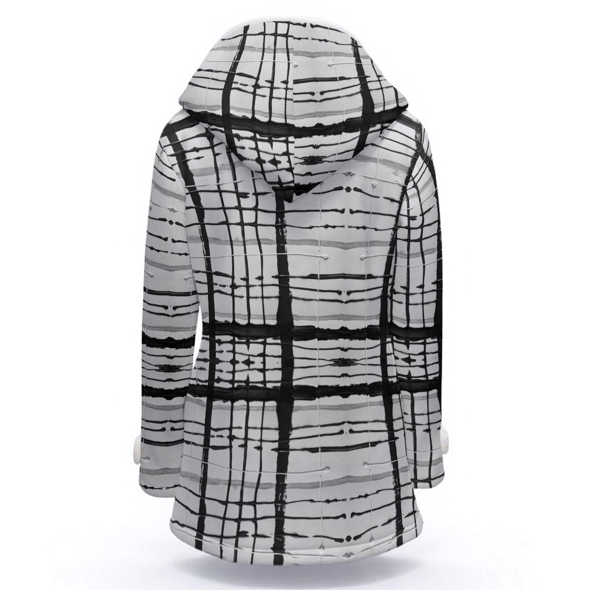 black and white coat, graphic print coat, abstract check, mid length coat, double breasted peacoat