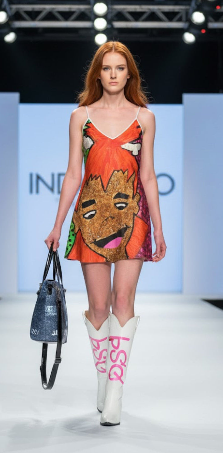 Limited Edition Cartoon Printi Bam Bam Jam Silk Mini Dress