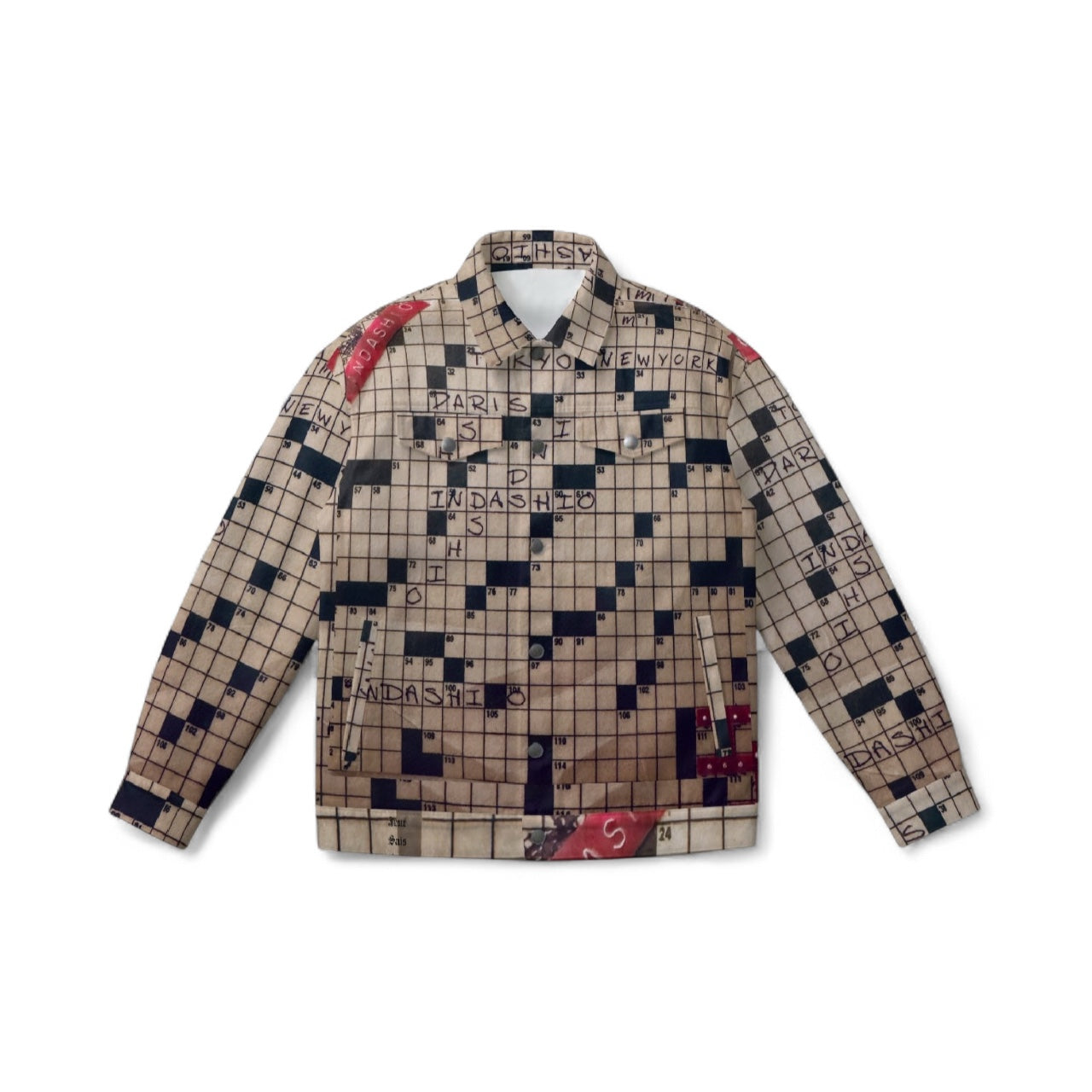 Checkered jacket with text and pattern on a white background