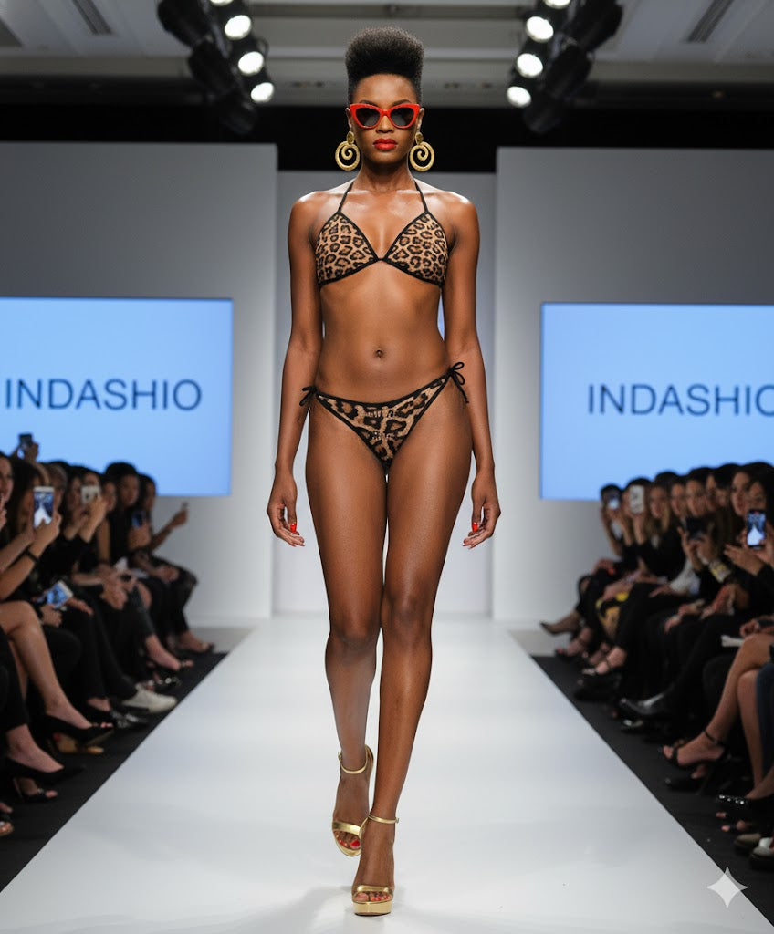 Model wearing a leopard print bikini walking on a runway with 'INDASHIO' branding.