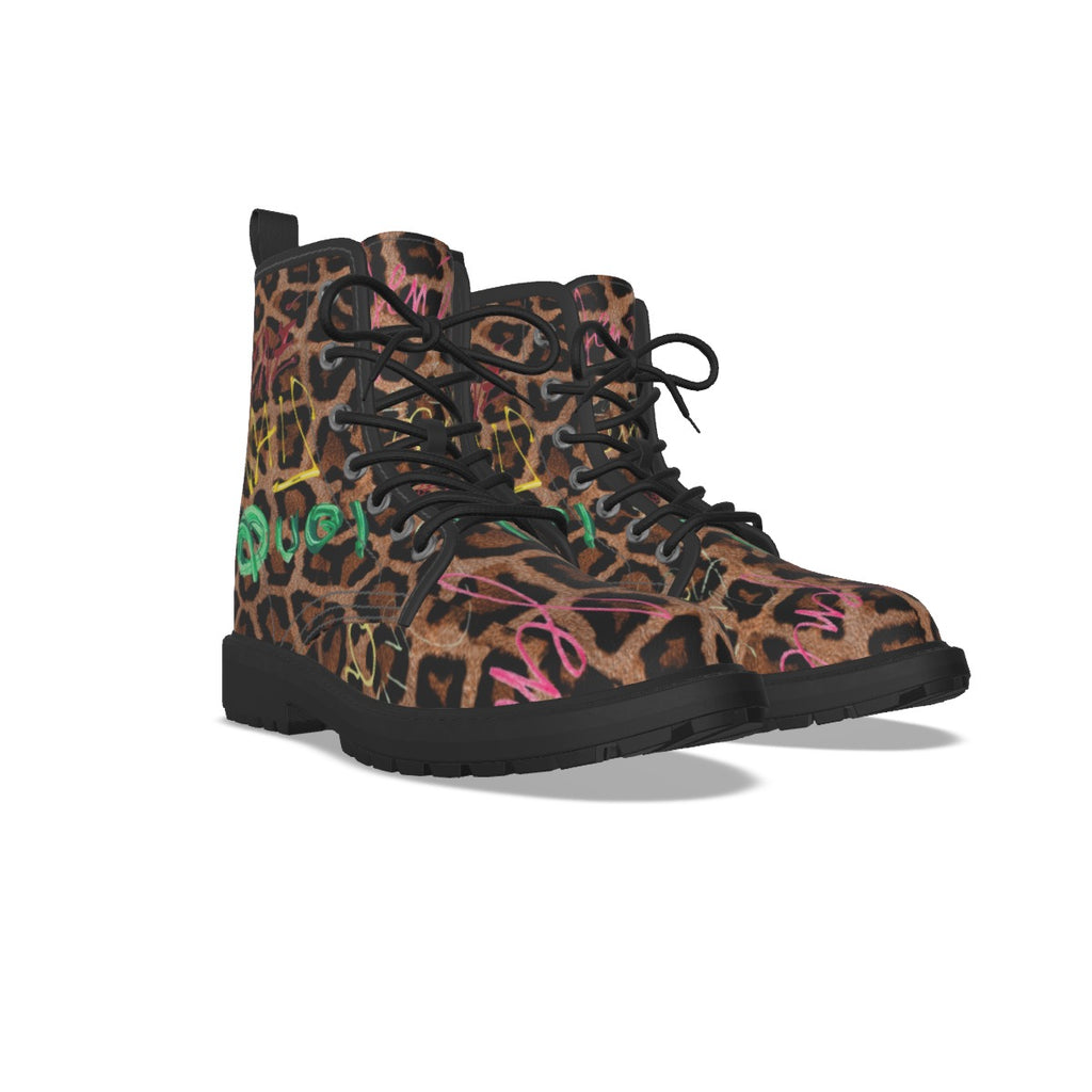 Leopard print boots with colorful accents on a white background