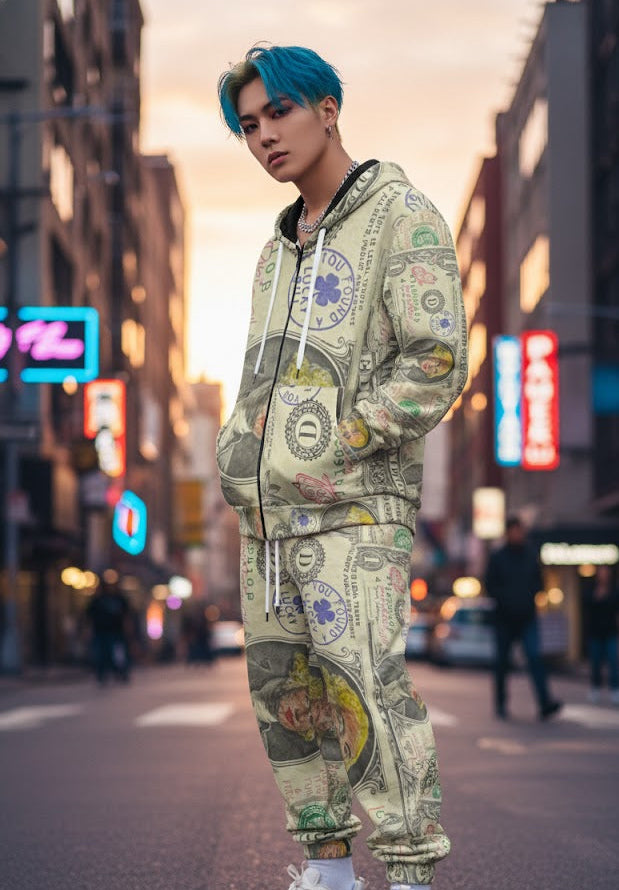 designer money print hooded sweatshirt with zipper 