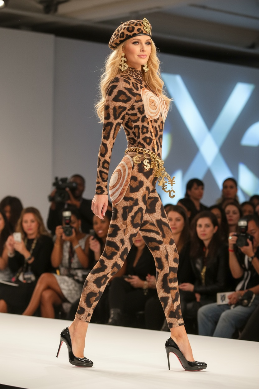 Model in leopard print outfit walking on a runway with an audience and jsq nyfw 