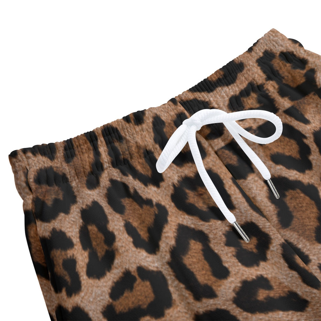 Leopard print sweatpants with white drawstring on a white background