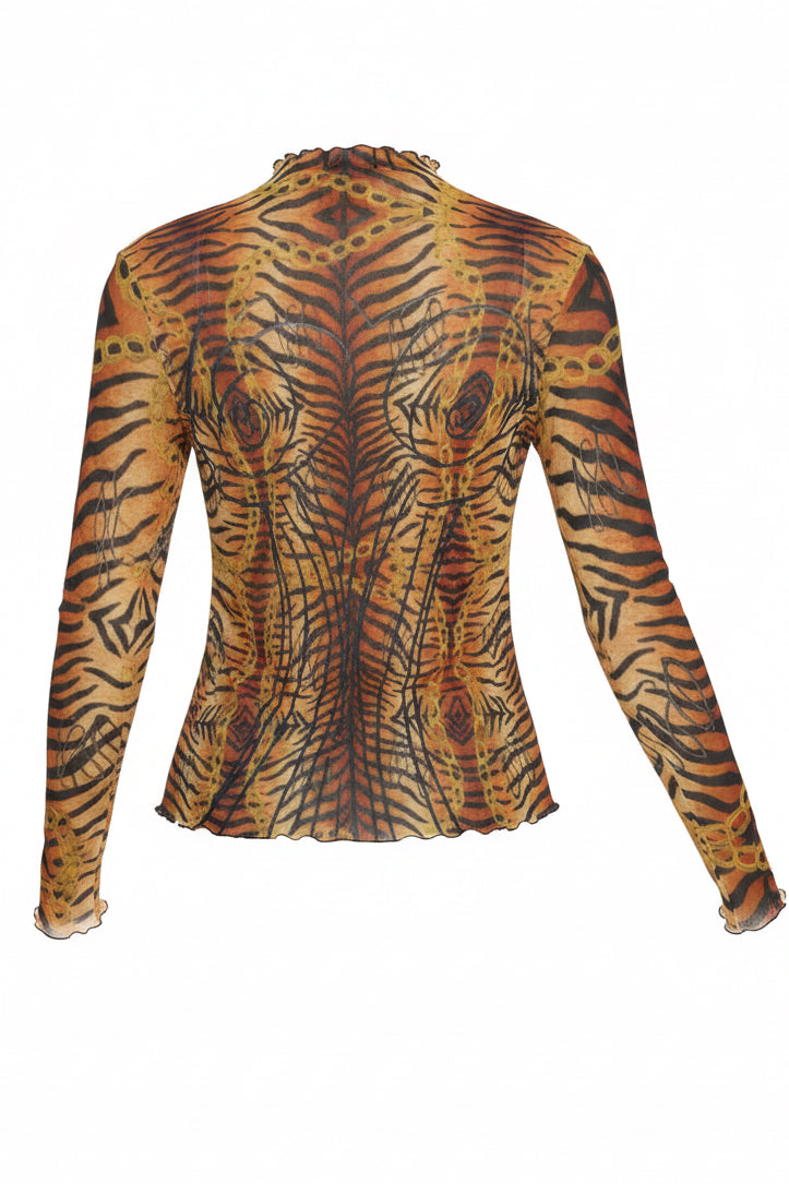 designer mesh long sleeve animal print top 
