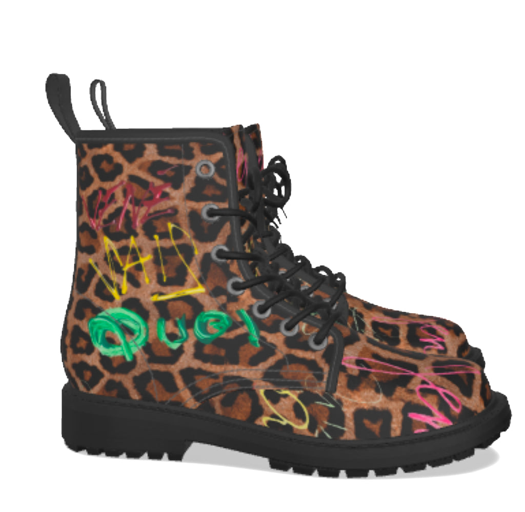 Leopard print boot with colorful text on a white background