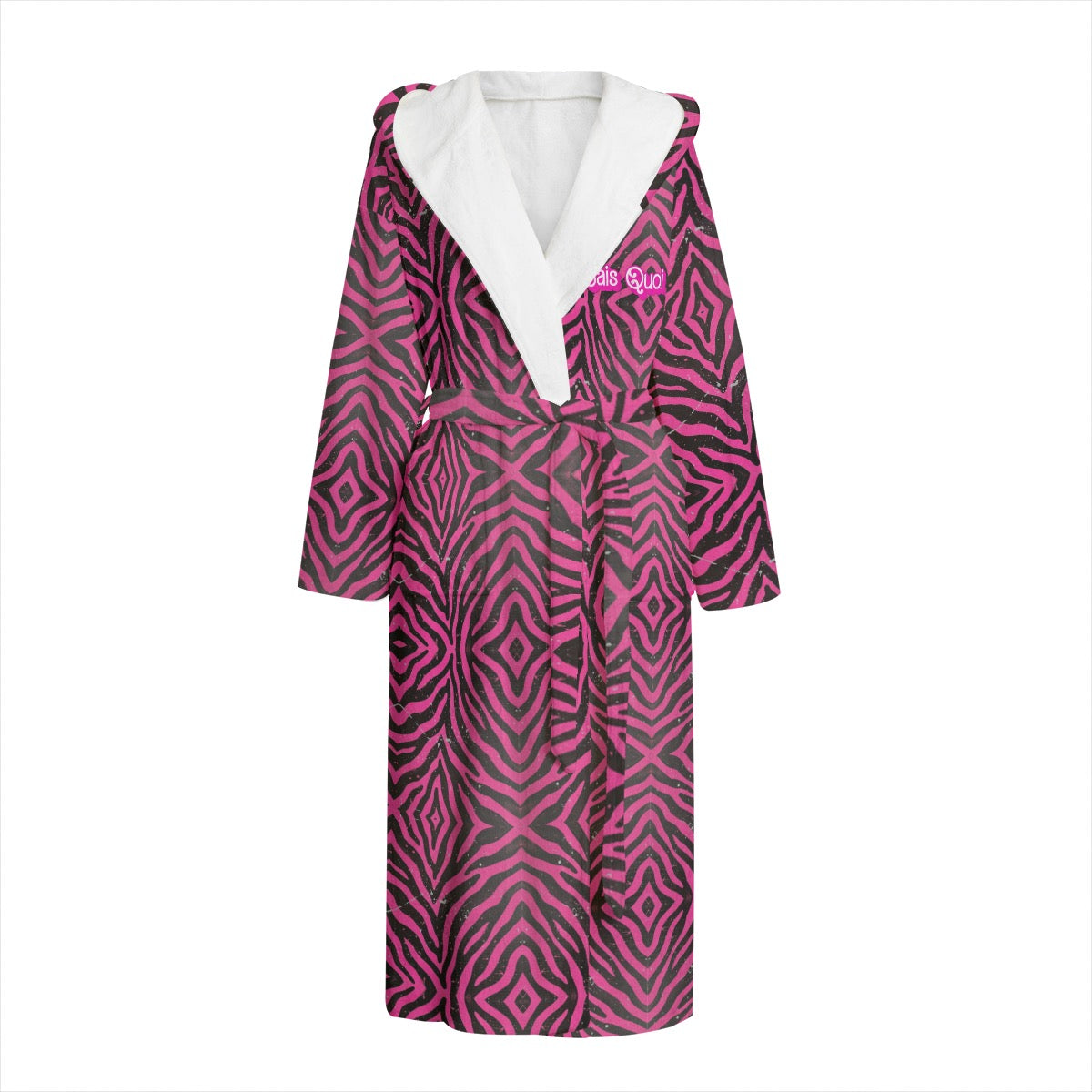 Pink and black zebra pattern robe with white lining on a white background
