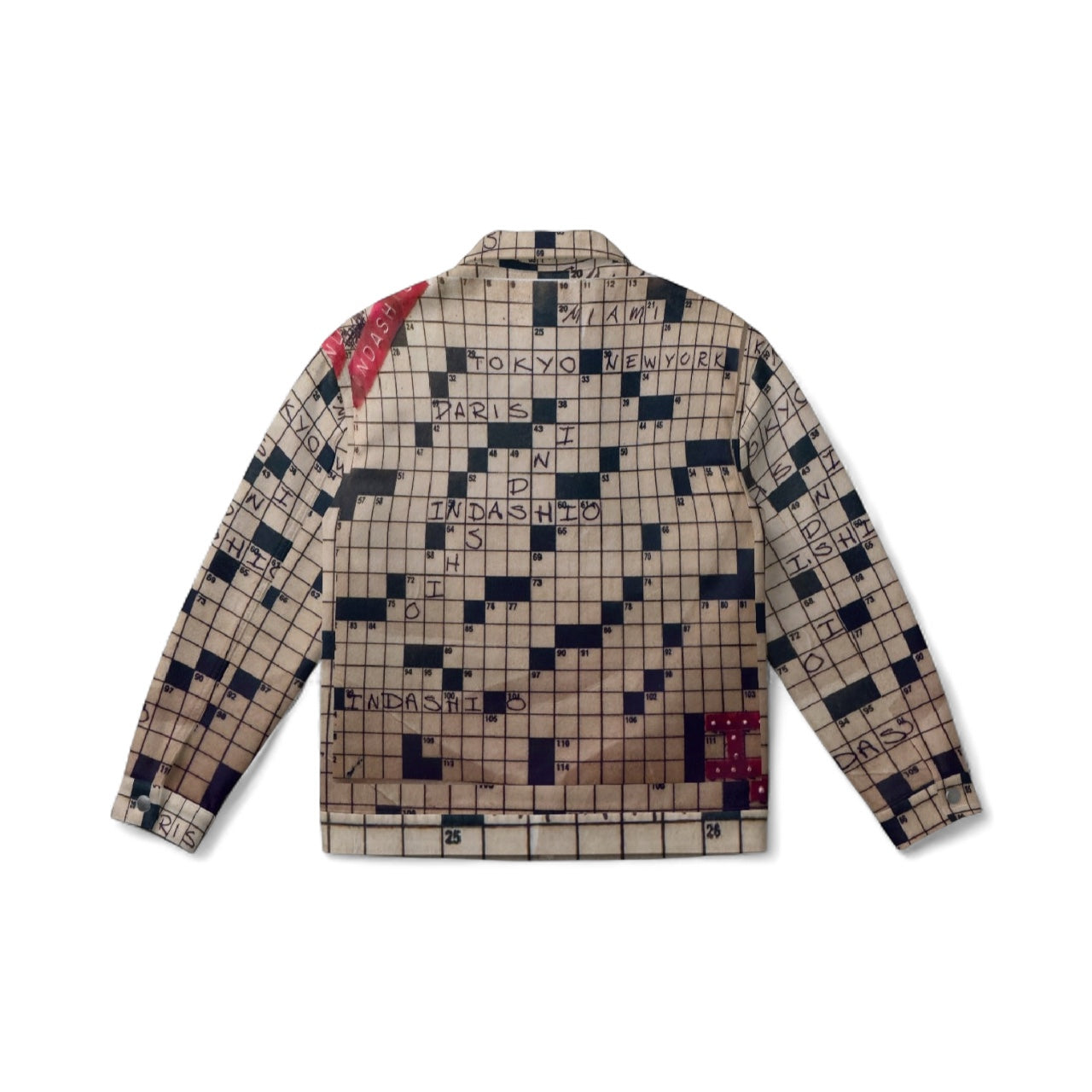Patterned jacket with crossword-style design on a white background